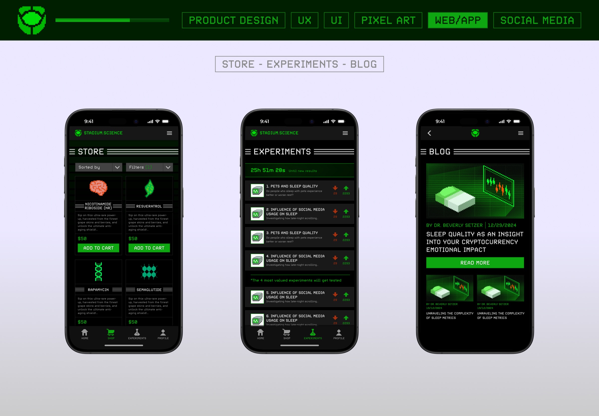 Store, experiments and blog screens